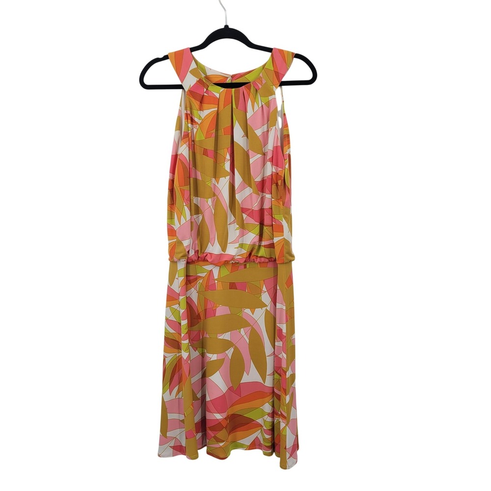 Vtg Maggy London Retro 70s Mod Pink Abstract Pleated Halter Blouson Dress Sz 12